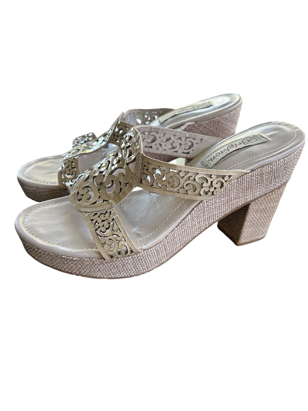 Brighton Amie laser cut tan heels preppy embellished sandals size 8.5 M ladies